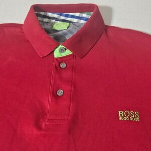 VTG BOSS HUGO BOSS Mens Red Short Sleeve Polo Shirt XL LOGO Golf Casual
